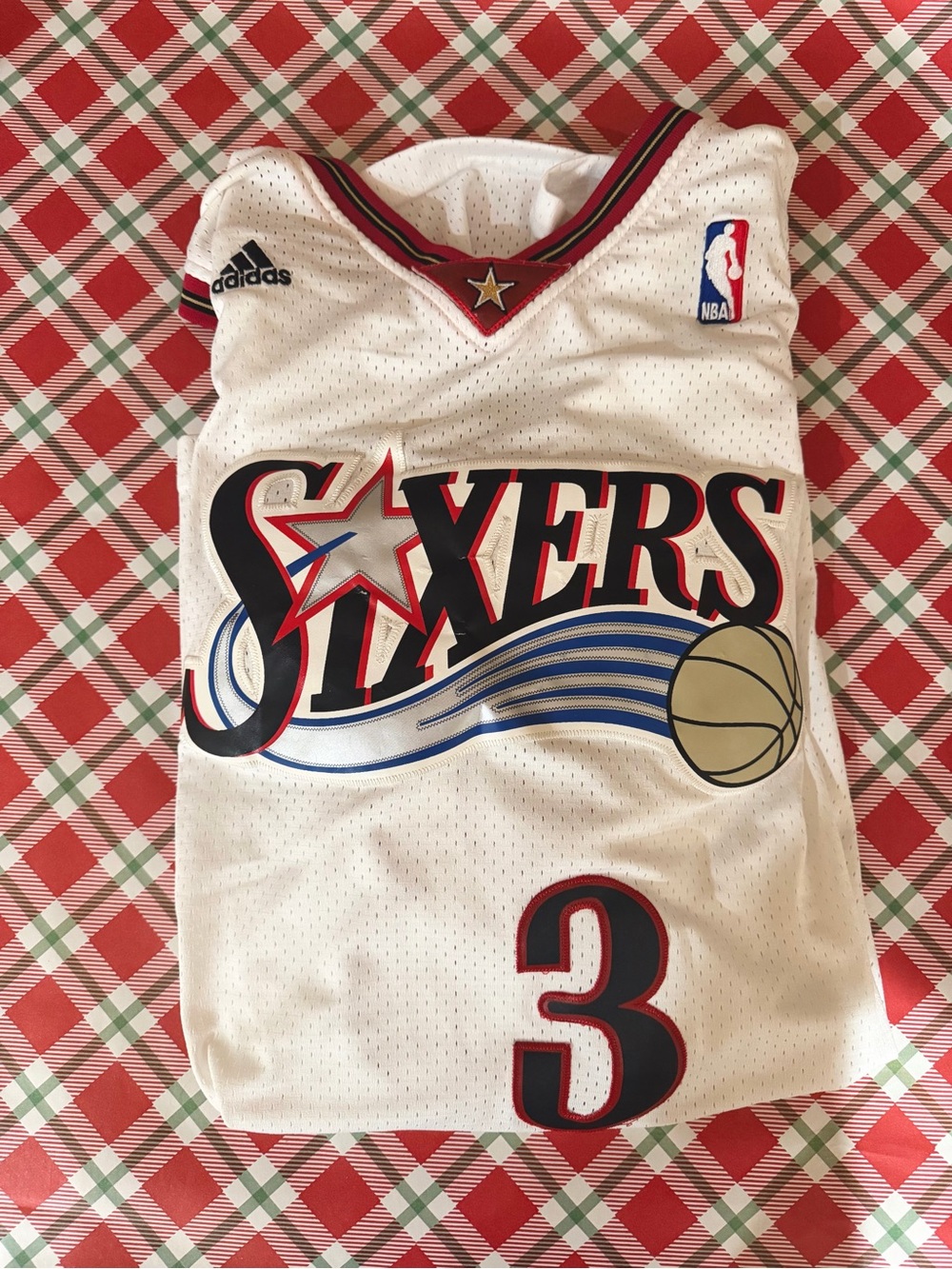 adidas 76ers Allen Iverson White and Red Jersey with Black Logo Tag
